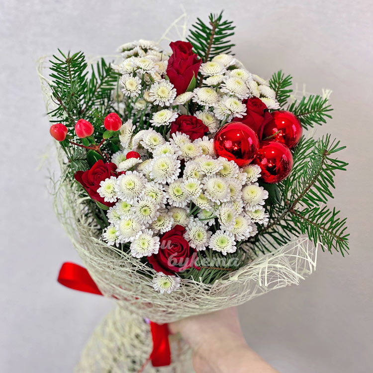 Красно-белый новогодний букет (крупный план)